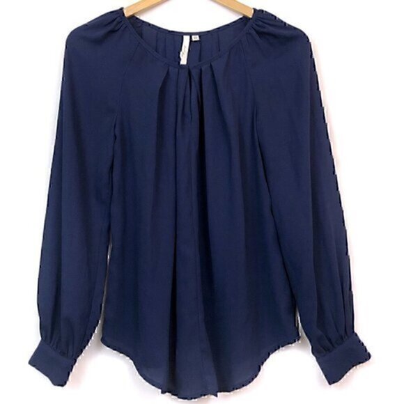 BELLATRIX Pleat Neck Long Sleeve Blouse Solid Navy Blue Polyester Peasant Top XS - Picture 3 of 8